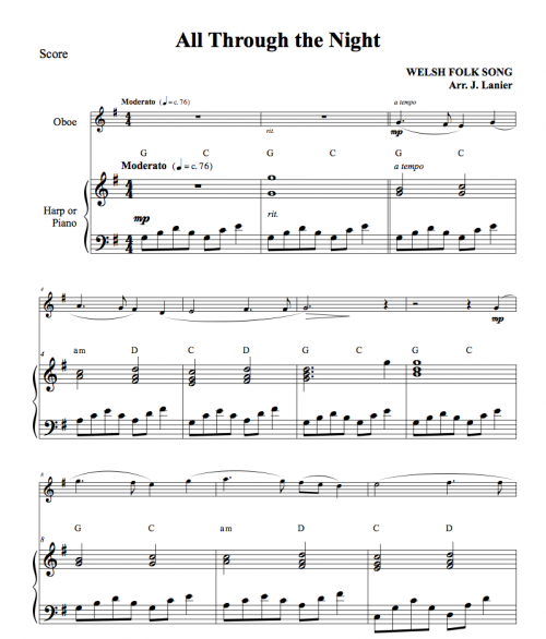 All Through the Night for Wind Instrument and Harp or Piano Lanier